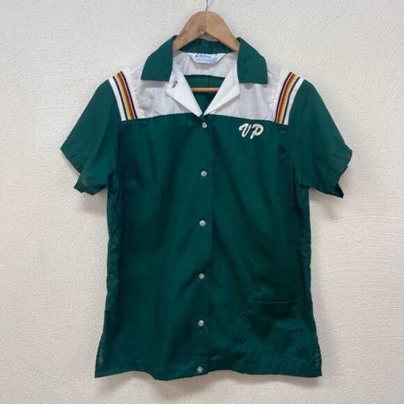 Vintage 'Hilton' Men's Button Down Green Bowling Shirt Sz M - Picture 1 of 6